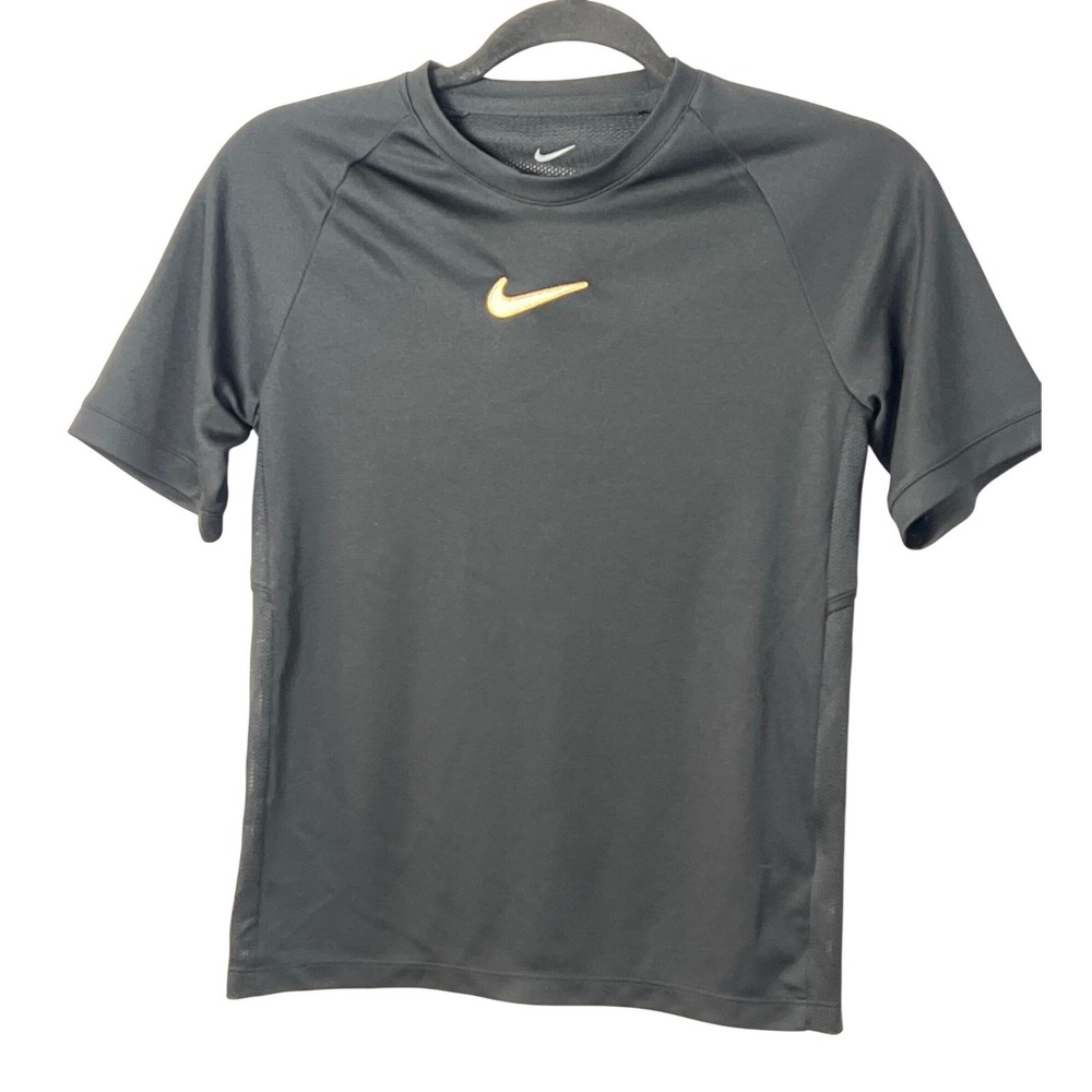 Nike Kids Black Short Sleeve Top Gold Embroidered‎ Logo Boys Medium Streetwear
